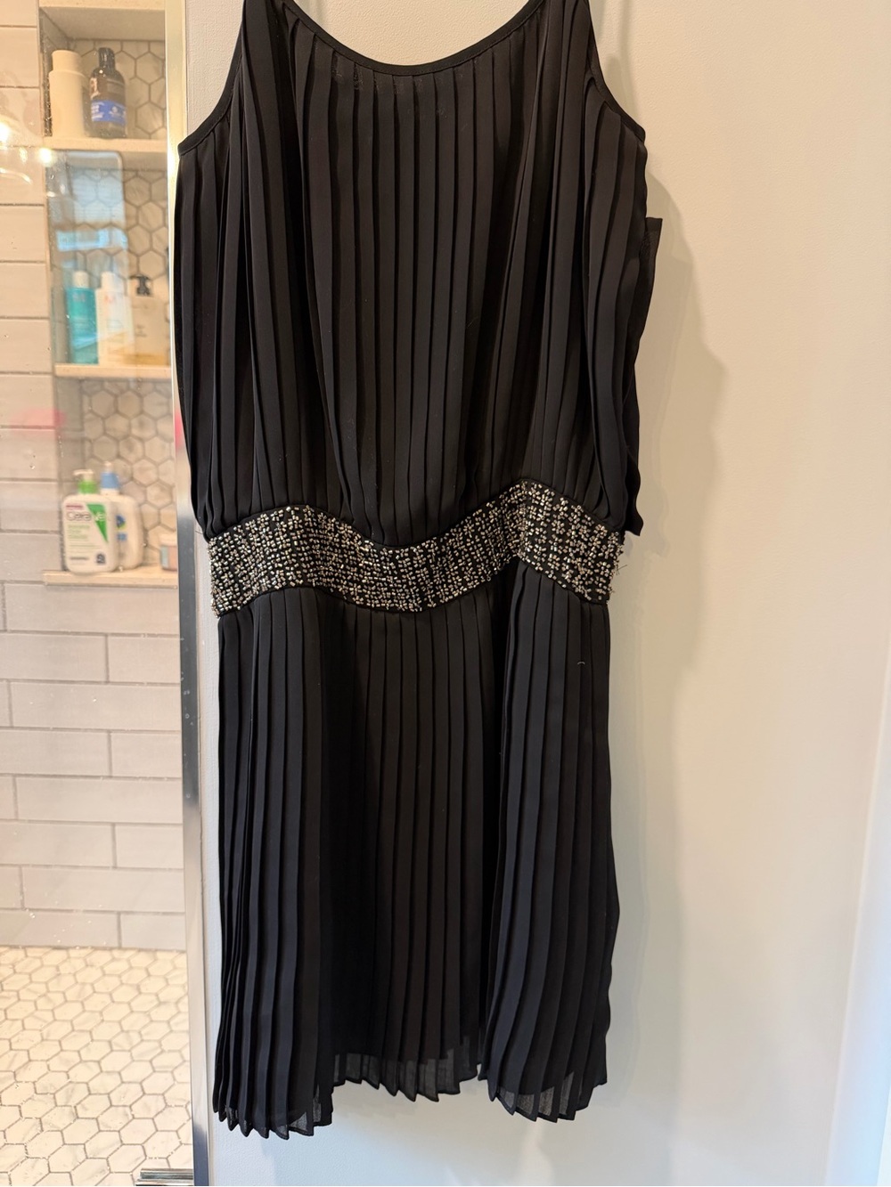 Parker Black Pleated Sleeveless Dress with Embellished Waist